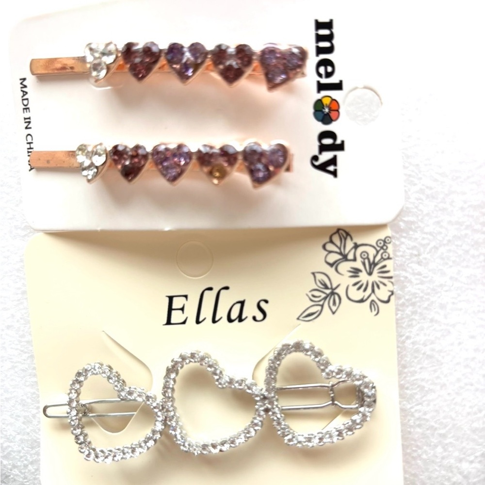 NWT Ellas Heart Hair Clips CZ in Purple Silver Rose Gold tone